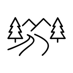 Curved road with mountains and trees, black and white, nature adventure icon
