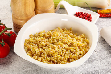 Boiled bulgur wheat in the bowl