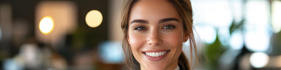 Fototapeta premium Smiling businesswoman in formal attire holding clipboard looking at camera in office