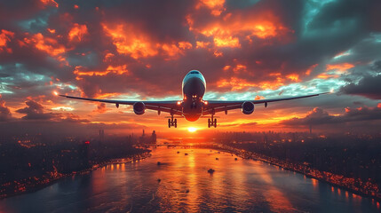 Airplane landing in a city at sunset.
