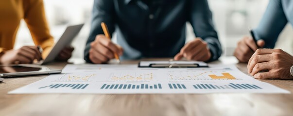 A group of professionals collaborating on data analysis, sharing insights over a chart-filled document on a wooden table.