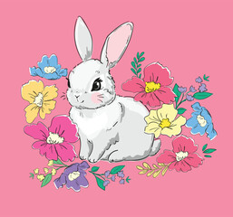 Hand Drawn Cute Bunny and flowers, kids print design rabbit. Vector