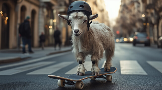 A goat confidently skateboarding down a city street, wearing a helmet, creating a funny scene on a crosswalk