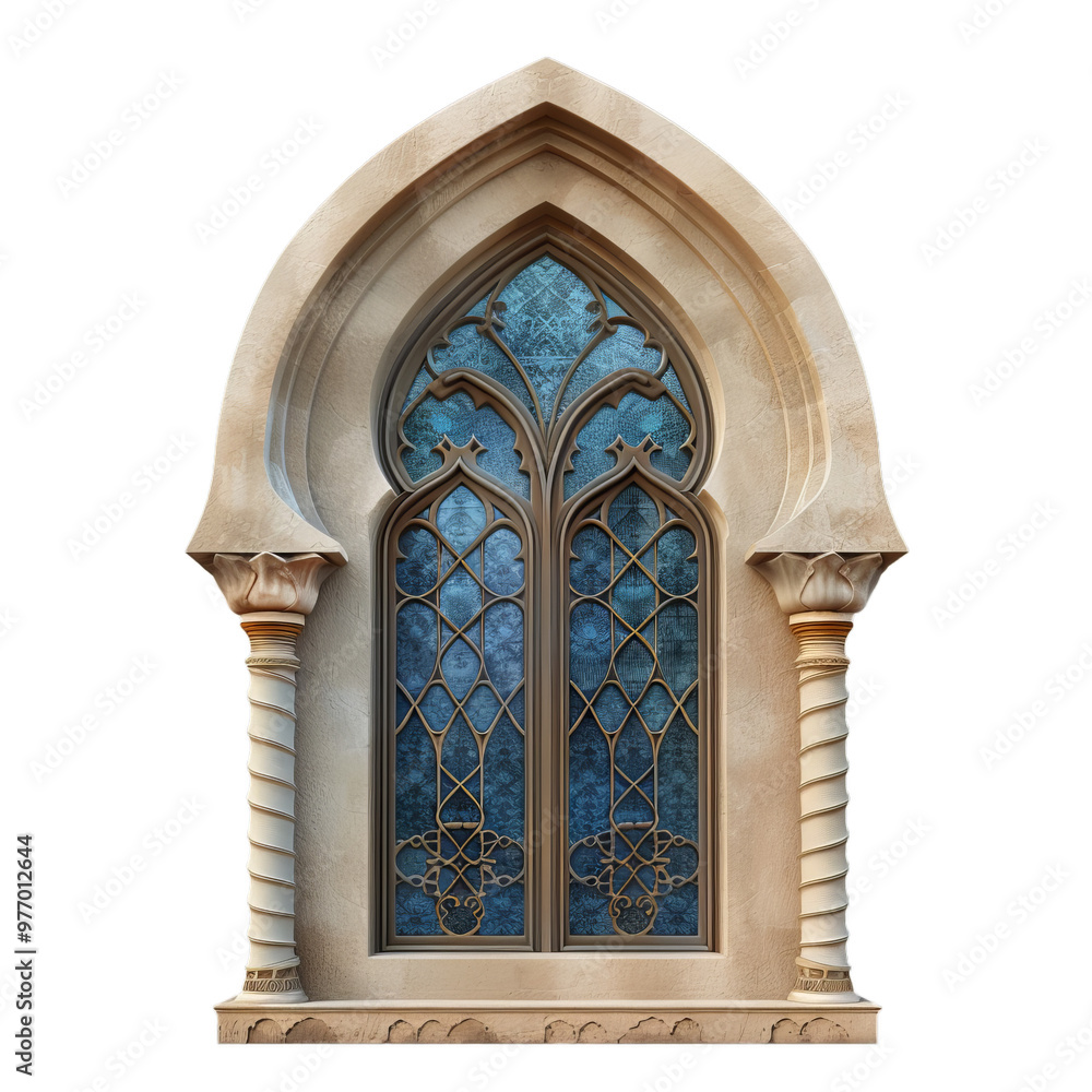Poster architectural element featuring a gothic window with intricate details, set within a stone arch and 