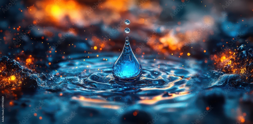 Poster a mesmerizing single water droplet surrounded by dynamic splashes and glowing particles in a vibrant