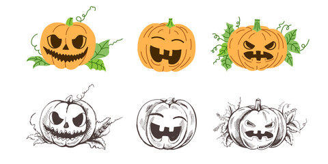 Vector flat and sketch style Halloween Illustration. Hand-drawn scary pumpkin sketch set. Element for labels, packaging and cards design.