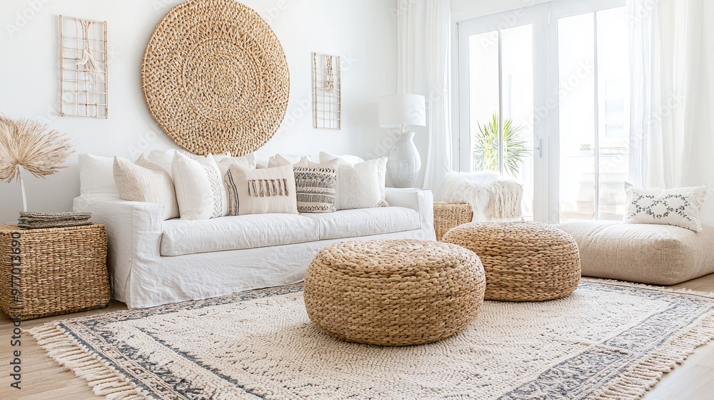 Sticker white sofa in modern boho living room with woven rattan decor and rug