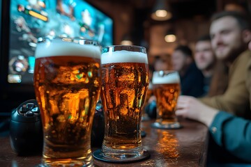 Friends enjoying craft beers while gaming at a cozy bar