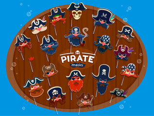 Pirate carnival and photo booth masks with vector hats, bandanas and beards. Cartoon face masks on sticks with costumes of pirate captain, sailor, corsair and skull, black eye patch and tricorn hats