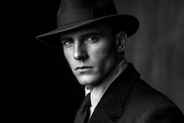 Classic noir portrait of a man in a fedora and serious look