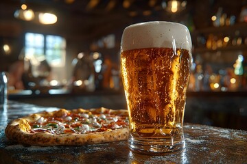 A refreshing beer alongside a delicious pizza in a cozy pub