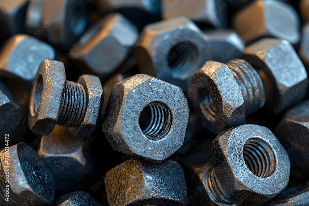 Poster close-up view of metallic nuts stacked together in a workshop