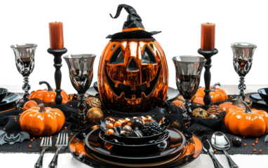 Halloween Party Table Setting with Stylish Black and Orange Design Isolated on Transparent Background PNG.