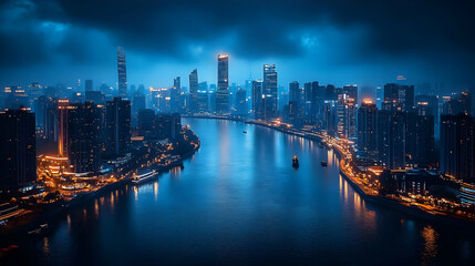 Fototapeta premium An aerial view of a city skyline at night with a river flowing through it. The city is illuminated by lights, creating a stunning urban landscape.