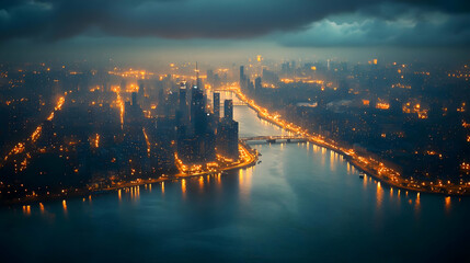 Fototapeta premium An aerial view of a city skyline at night with a river running through it. The city is illuminated by streetlights and the sky is cloudy.