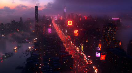 An aerial view of a city skyline at night with illuminated buildings and streets, a river and fog.