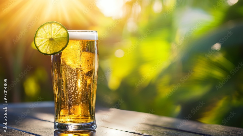 Poster a chilled glass of beer with a slice of lime on the rim, set on a bright outdoor table with a relaxe