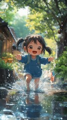 A little girl jumps through a puddle in the rain, smiling happily.