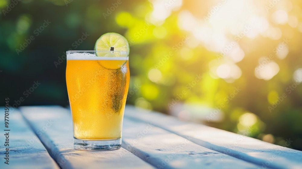 Poster a chilled glass of beer with a slice of lime on the rim, set on a bright outdoor table with a relaxe