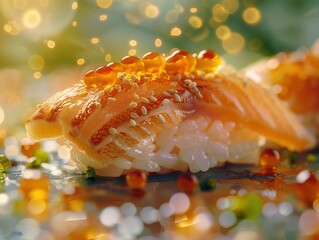 Japanese seared fish Nigiri, Sushi Aji dark background, detailed setting close up Nigiri food photo