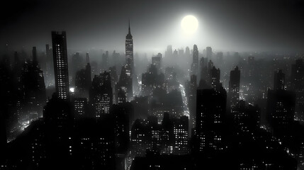 Fototapeta premium An aerial view of a city skyline at night, with a bright moon shining over the buildings.