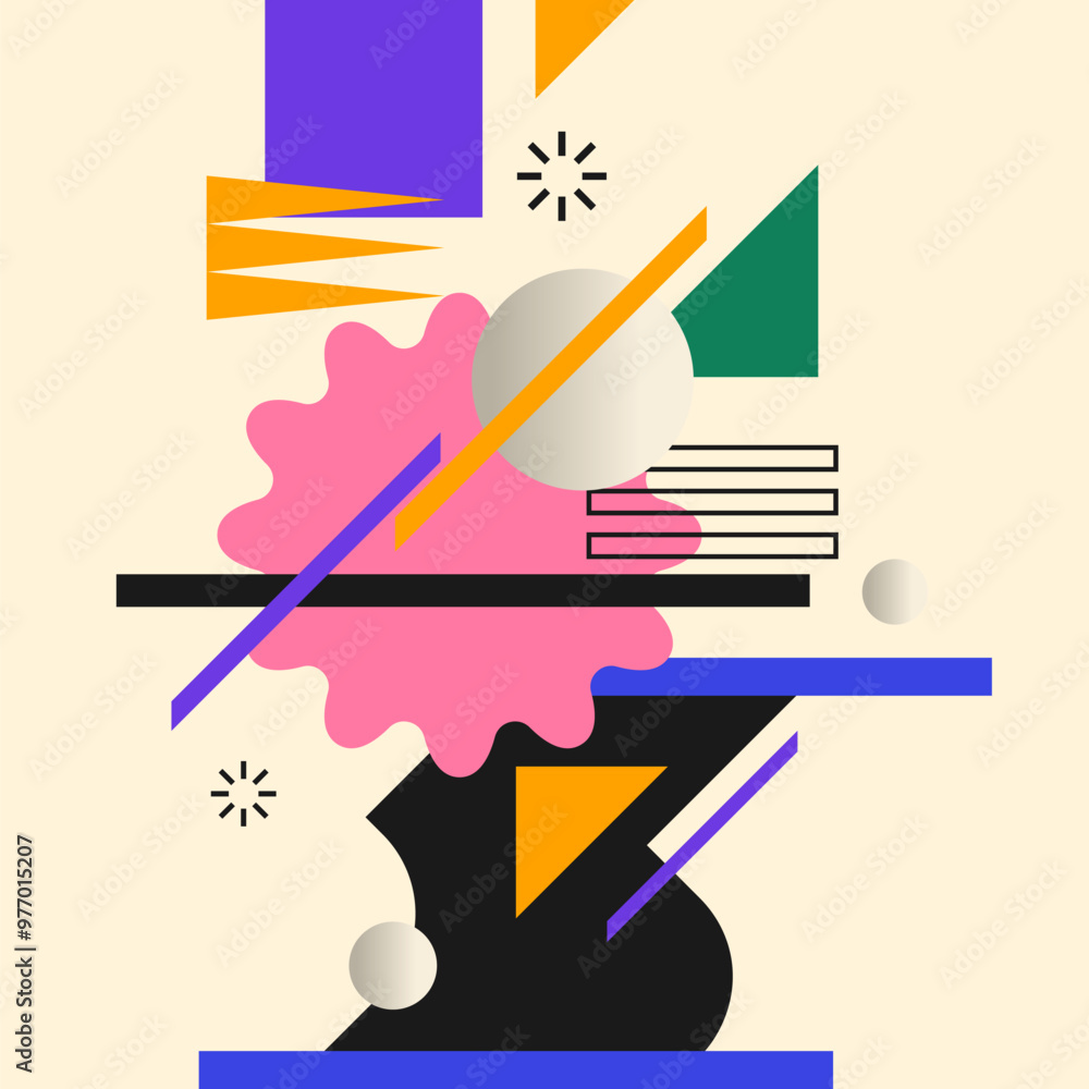 Poster abstract background with various bright geometric shapes. concise design. a composition of figures o