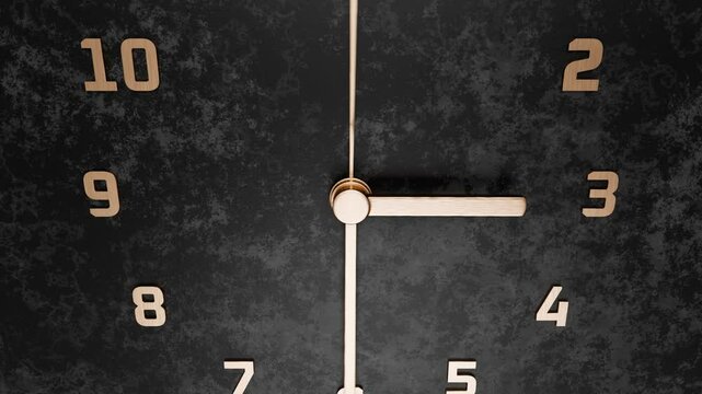 Tilt camera over clock with rotating hands. Time machine. Fast rotating golden hands on dark stone background. Time concept. Long wait.