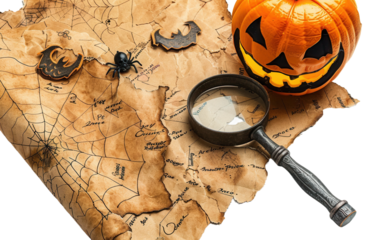 Spooky and Fun Halloween-Themed Scavenger Hunt with Eerie Clues Isolated on Transparent Background PNG.