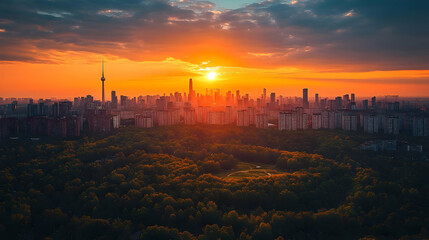 An aerial view of a city skyline at sunset with a large park in the foreground. The sun is setting behind the city, casting a warm glow on the buildings and trees.