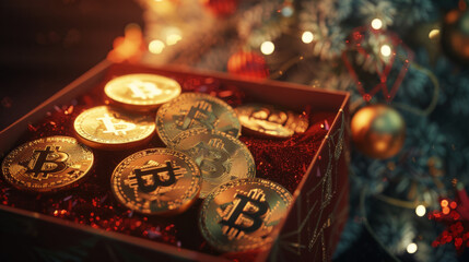Fototapeta premium Christmas Gift Box with Bitcoin Coins and Festive Tree Background