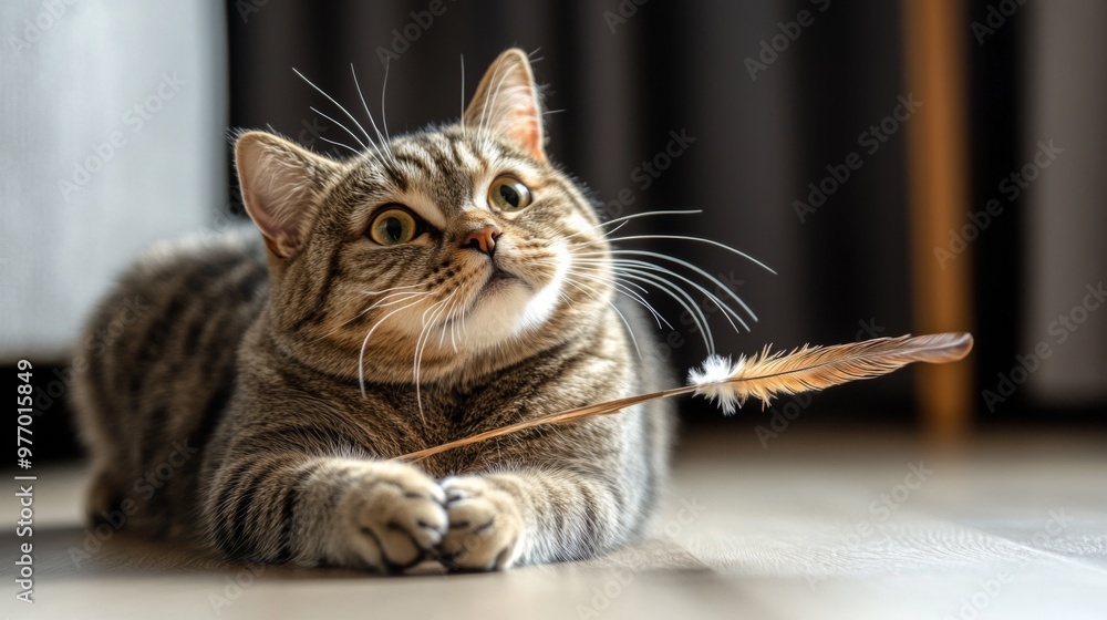 Poster A chubby cat playing with a feather toy, showcasing its playful side and rounded figure, with a clean, bright background to emphasize its size