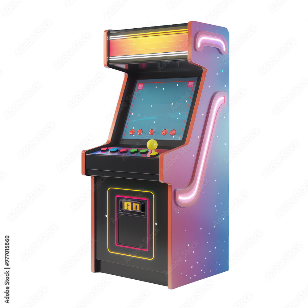 Poster colorful vintage arcade game machine standing on a white background with a space invaders style game