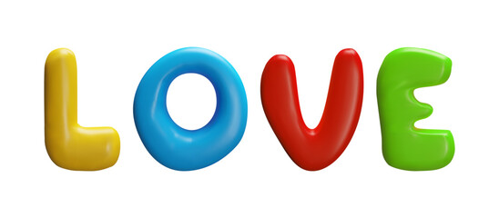 Realistic 3D glossy multicolored capital letter word LOVE, vector volume typing romance text from plasticine texture