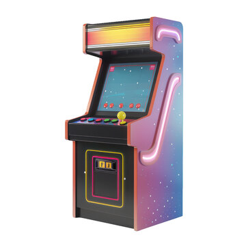 Colorful vintage arcade game machine standing on a white background with a space invaders style game running on the screen