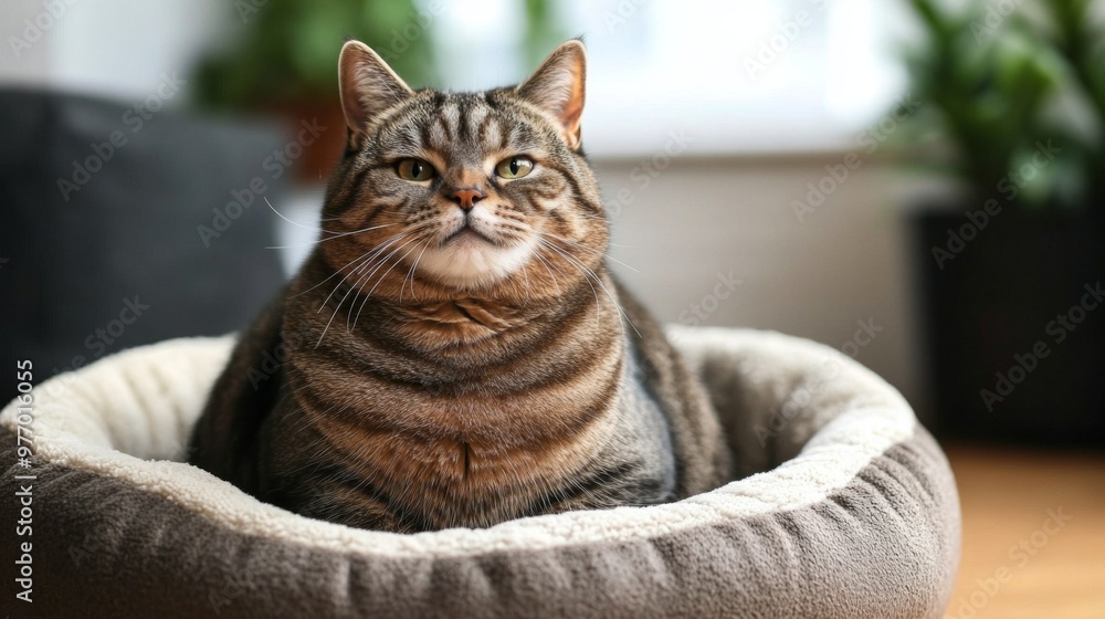 Poster a chubby cat sitting upright in a cat bed, with a focus on its full body and content expression, set