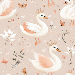 Cute swans wearing ballet tutus and crowns in a Serene Garden seamless pattern on background for fabric, curtain, wallpaper, clothing, wrapping, vector