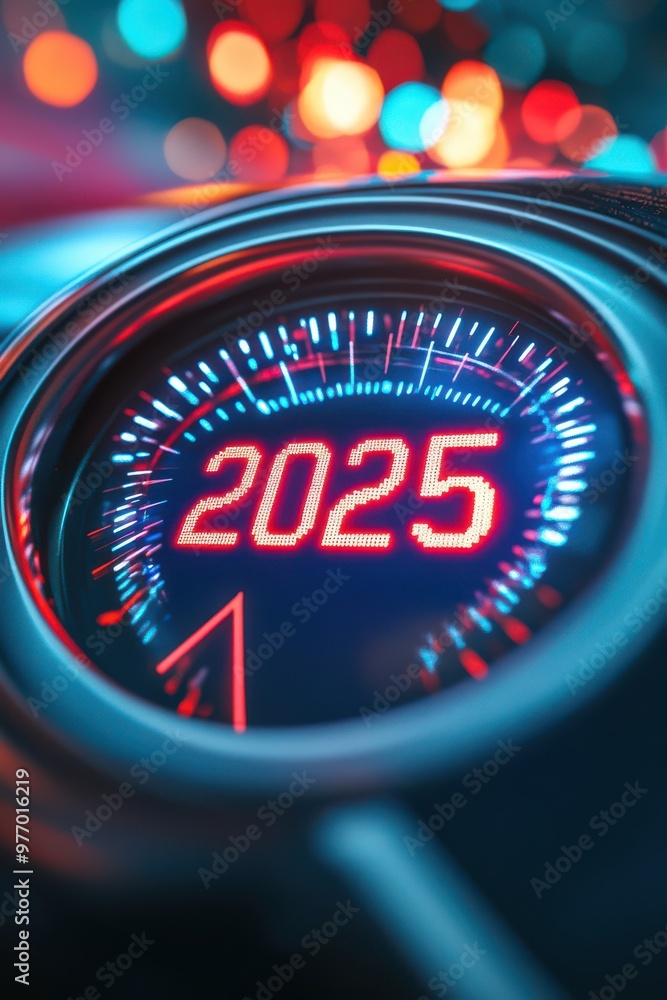 Poster close-up of a speedometer displaying the year 2025 with vibrant bokeh lights in the background, symb