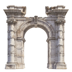 Obraz premium Ancient roman archway with intricate carvings and weathered stone is standing tall on a white background