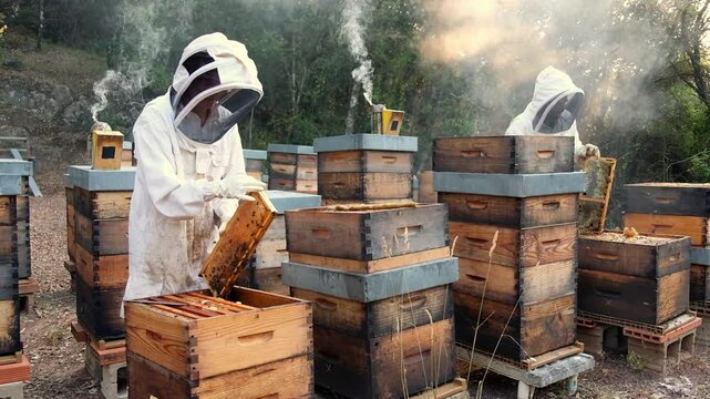 Beekeepers don protective gear as they skillfully harvest organic honey from hives in a serene forest at dawn.