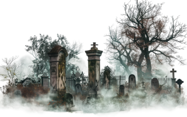 Dark and Creepy Graveyard with Fog Rolling Over Tombstones Isolated on Transparent Background PNG.