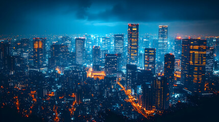 Fototapeta premium An aerial view of a cityscape at night with skyscrapers illuminated by bright lights.