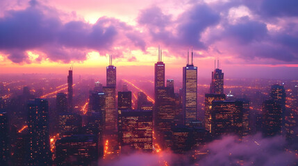 Fototapeta premium An aerial view of a cityscape at sunset with a dramatic sky.