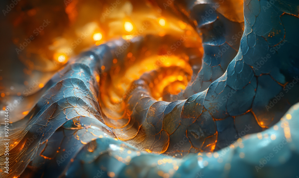 Poster swirling blue and orange patterns create an abstract spiral in a mesmerizing visual display of color