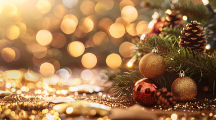 Luxurious Christmas Background with Tree, Balls, and Golden Bokeh