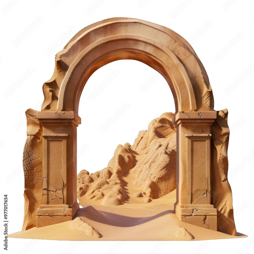 Poster ancient stone archway with intricate carvings is standing in the middle of a vast desert, framing a 