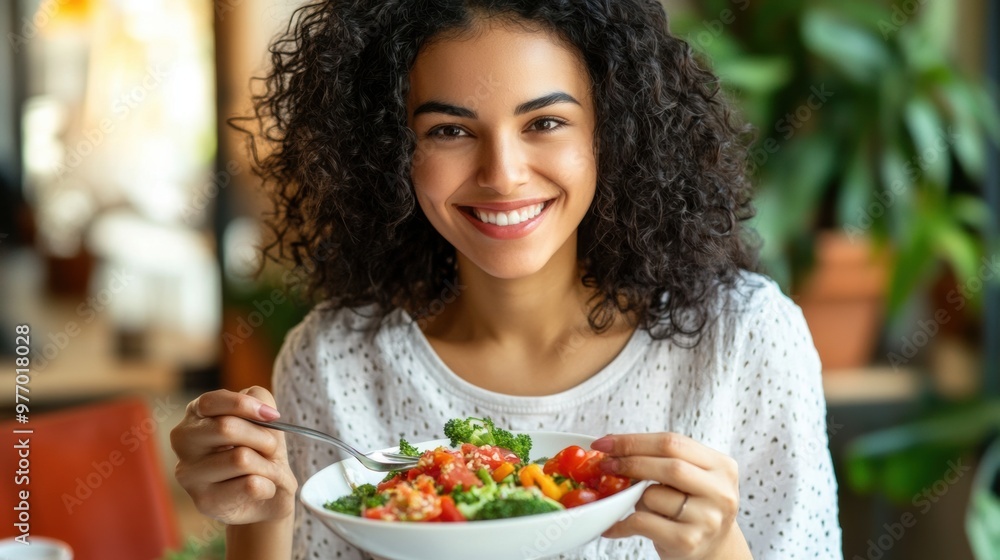 Wall mural A woman smiling while holding a bowl of salad in her hand, AI