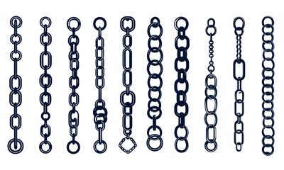 Different type of chains, black and white vector illustration set.