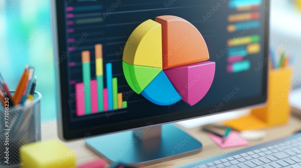 Fototapete A close-up of a 3D pie chart on a computer screen, showcasing different colored segments with clear labels, surrounded by office supplies and data reports