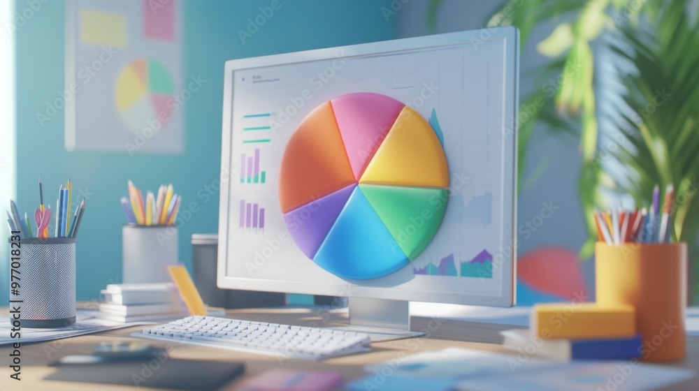 Poster a close-up of a 3d pie chart on a computer screen, showcasing different colored segments with clear 