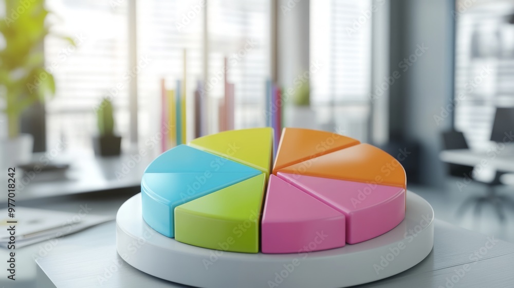 Poster a close-up of a 3d pie chart with each slice in a different color, showing a detailed view of the ch